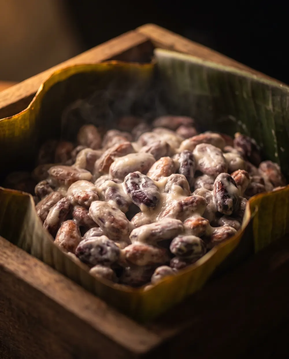 Granos de cacao fermentando en hojas de plátano