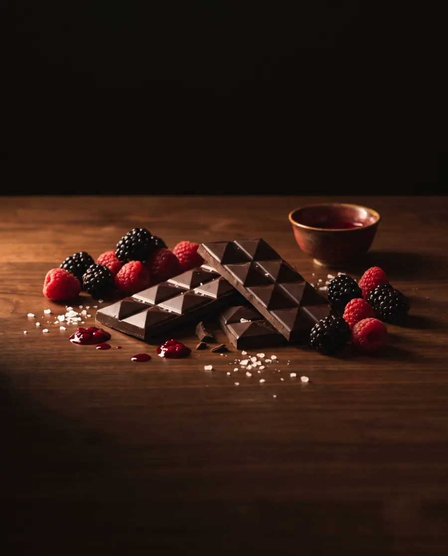 Chocolate con frambuesas, zarzamoras y sal en escamas
